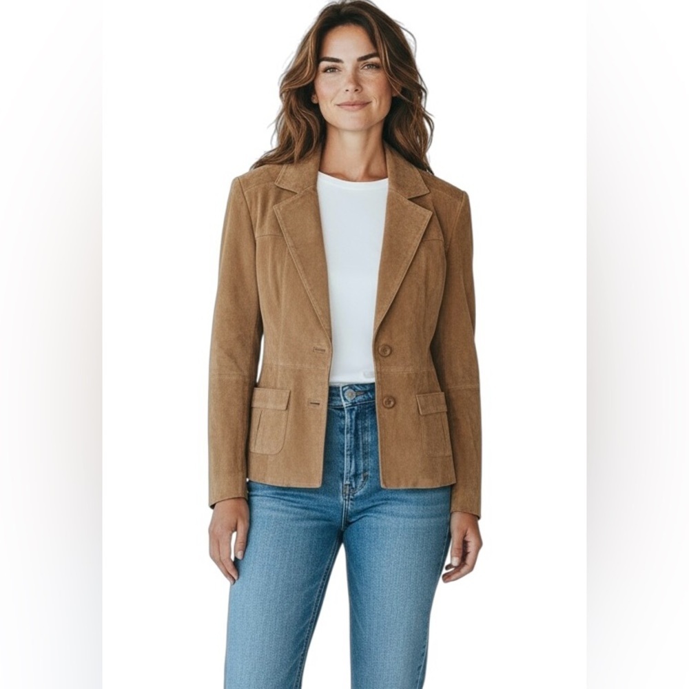 VTG Y2K Newport News Suede 2 Button Suede Jacket Coat 10 Cognac Lined Western